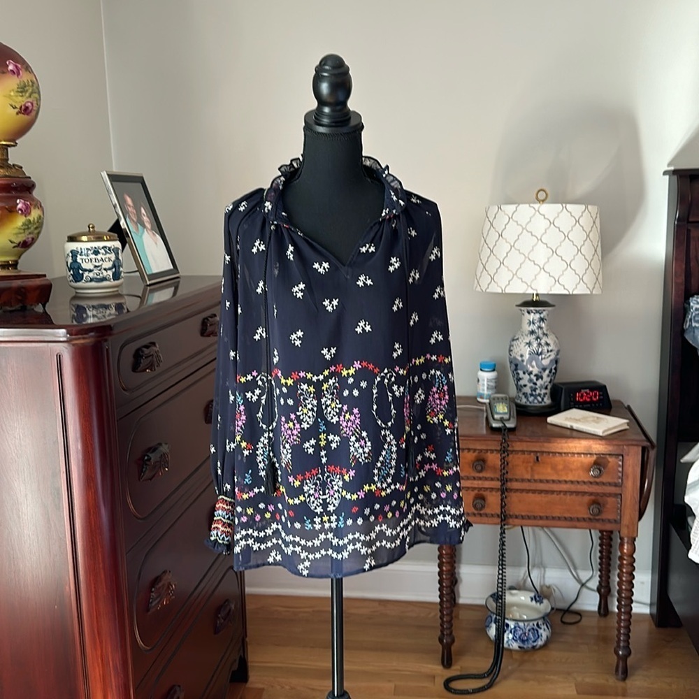 CAbi Womens Top Size XS Sheer Floral Navy Blue Tassel Ruched Boho Shirt Tie Neck